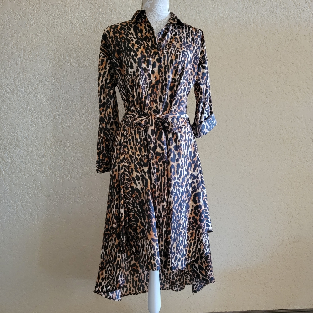 Women's Leopard Print High-Low Shirt Dress with Tie Waist Brown & Black Sz M
